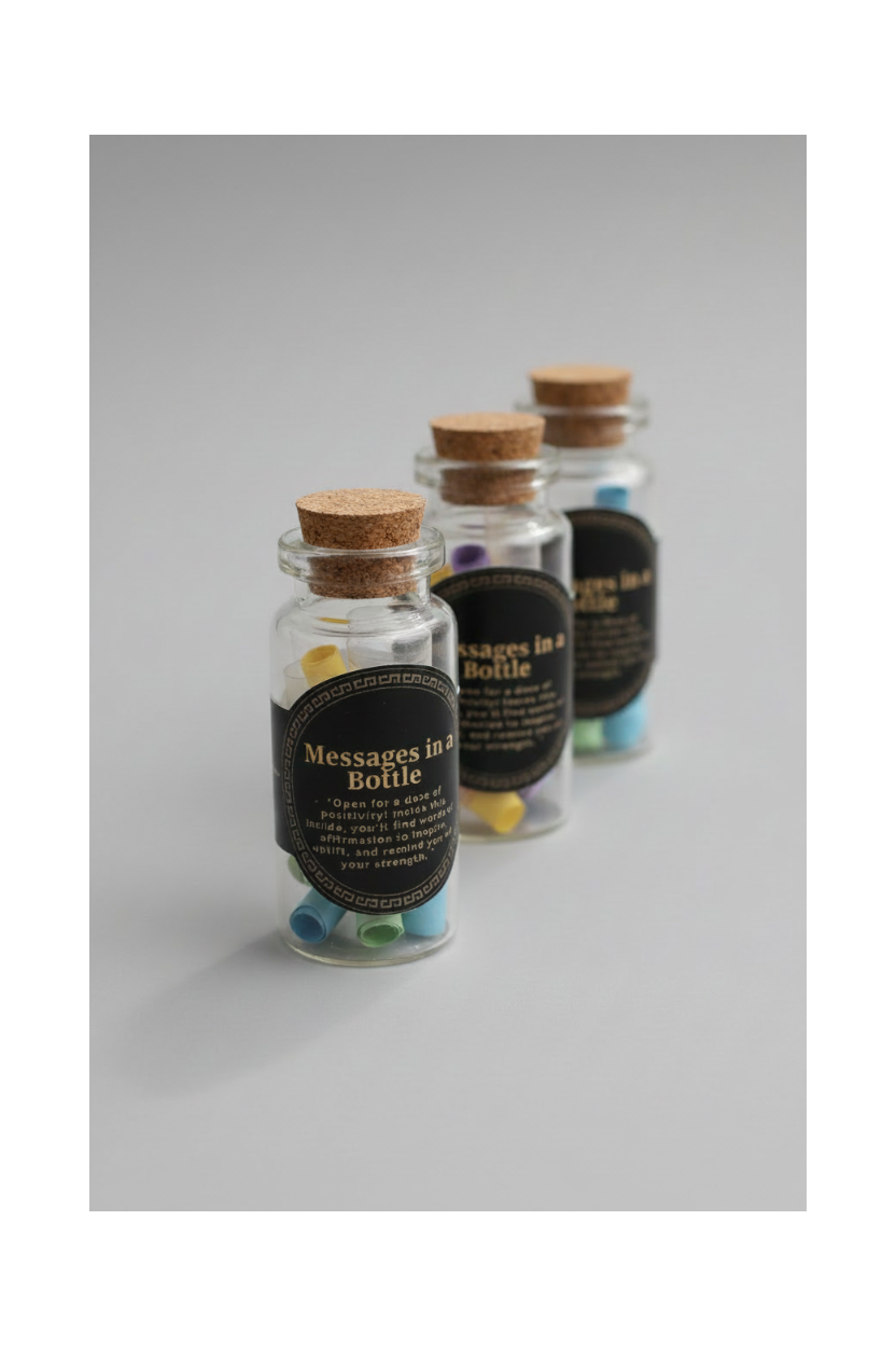 Small glass bottles with cork lids on a light surface